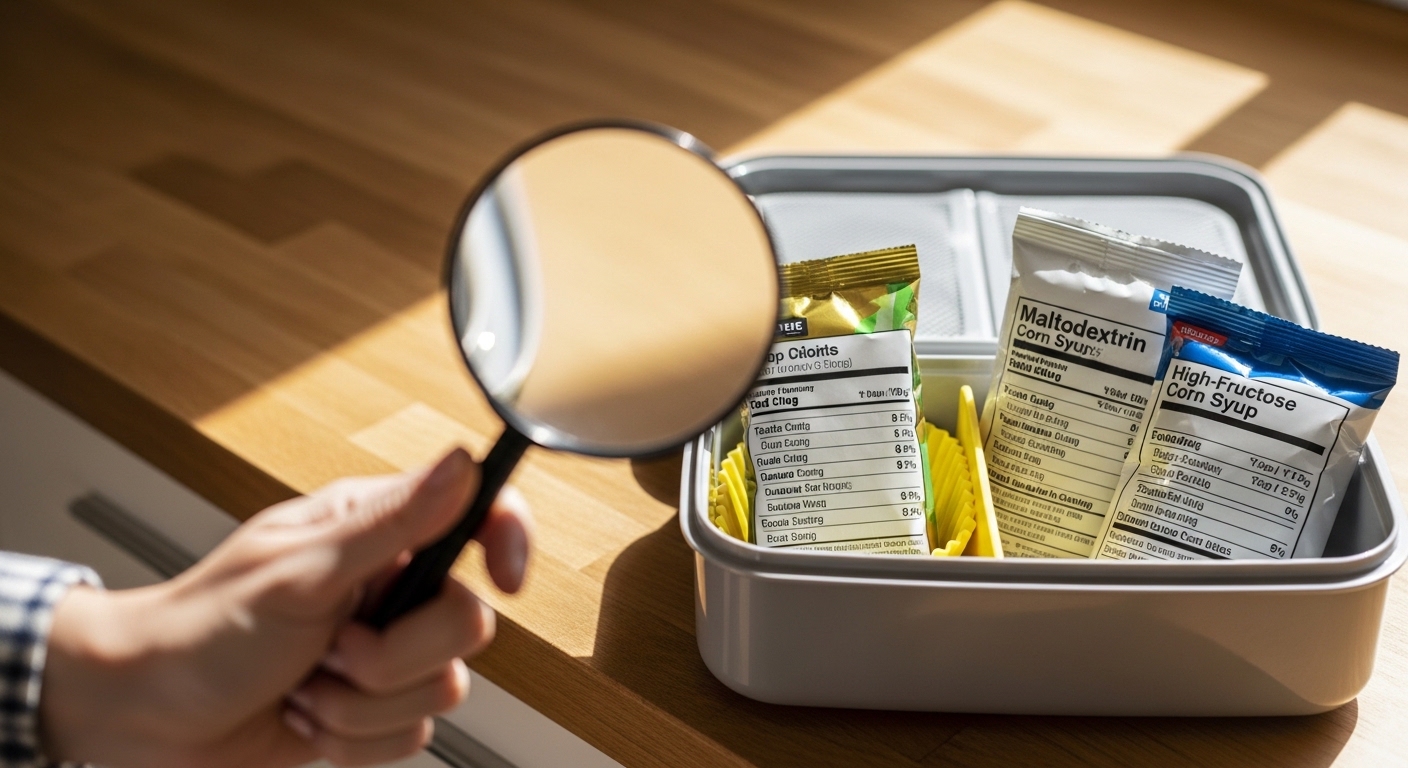 Lancheira infantil aberta com rótulos destacando maltodextrina na luz natural