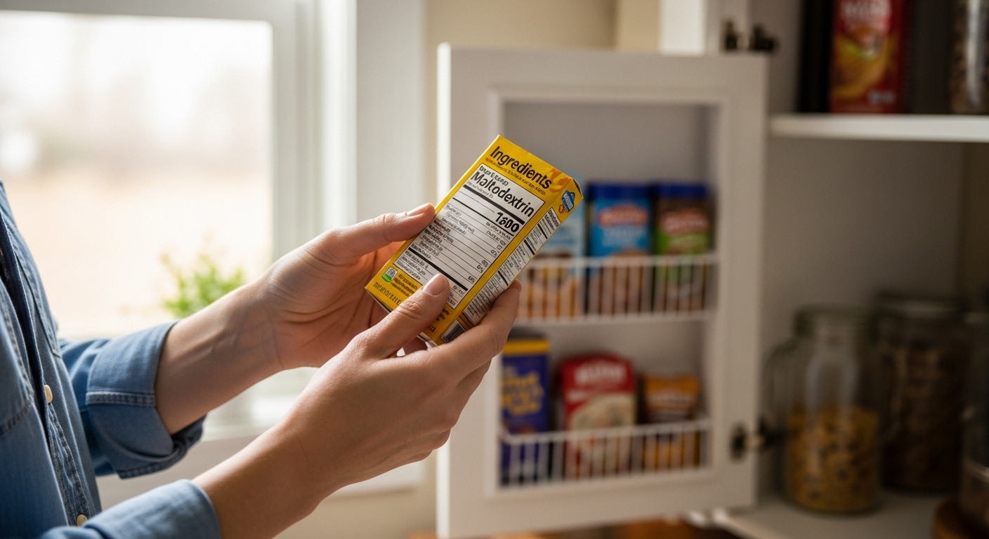 Pais analisando rótulo de lanche infantil destacando maltodextrina