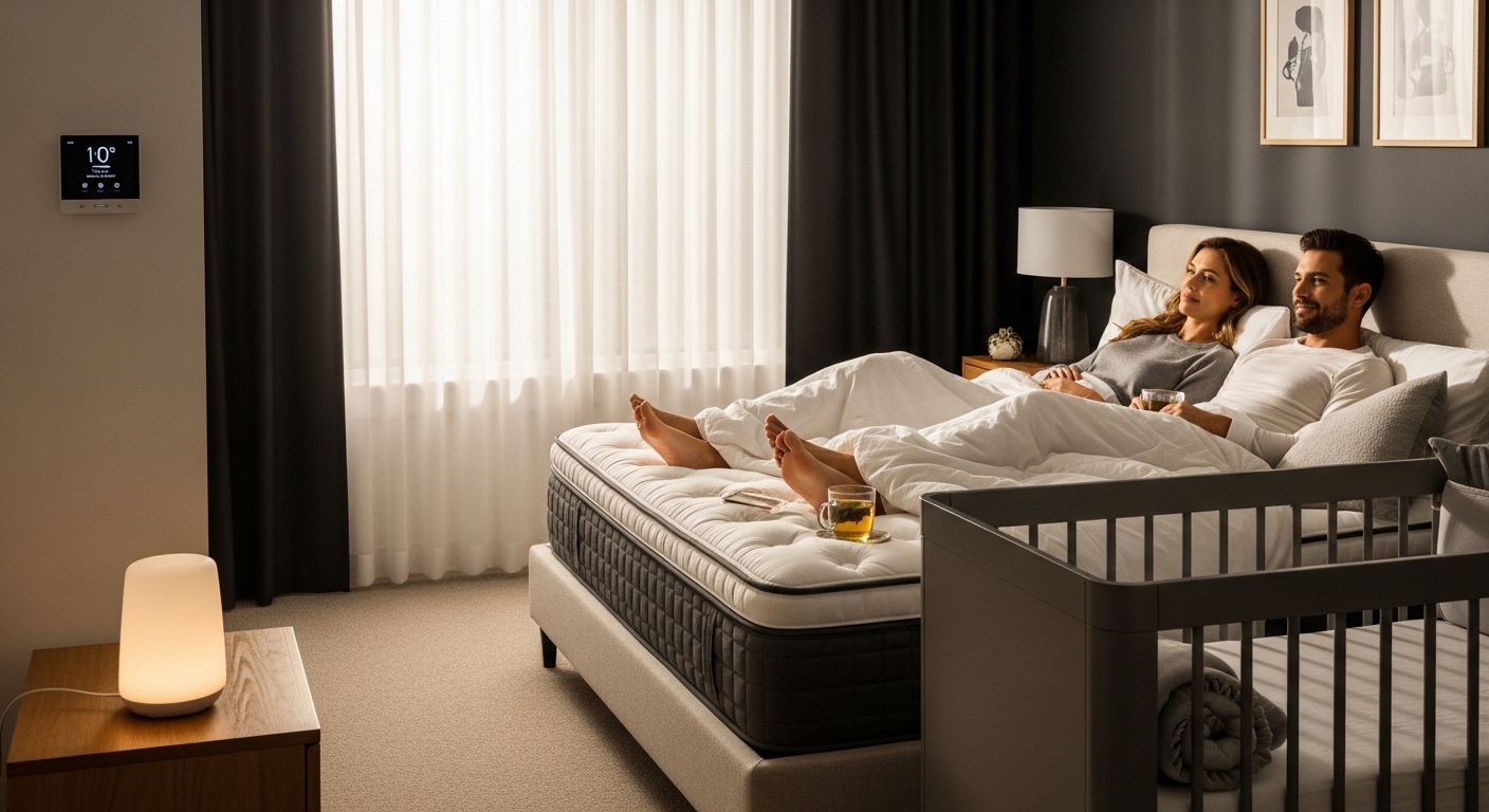 Pais relaxando em cama aconchegante ao lado do berço do bebê