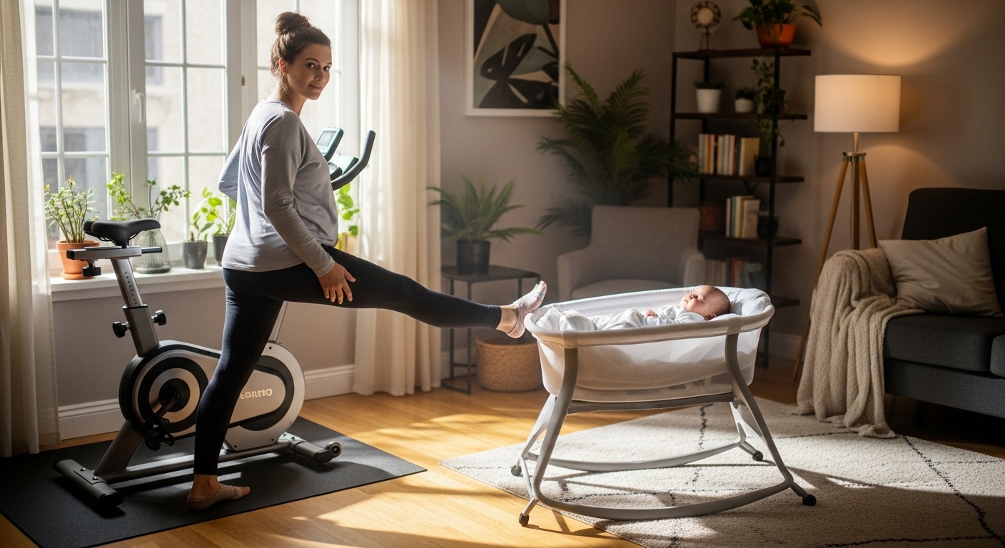 Mulher no pós-parto praticando exercícios leves em casa com o bebê dormindo ao lado