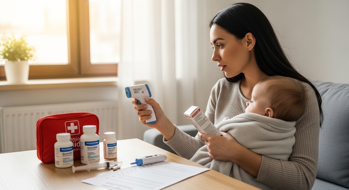 Mãe conferindo remédios enquanto verifica febre da criança com termômetro