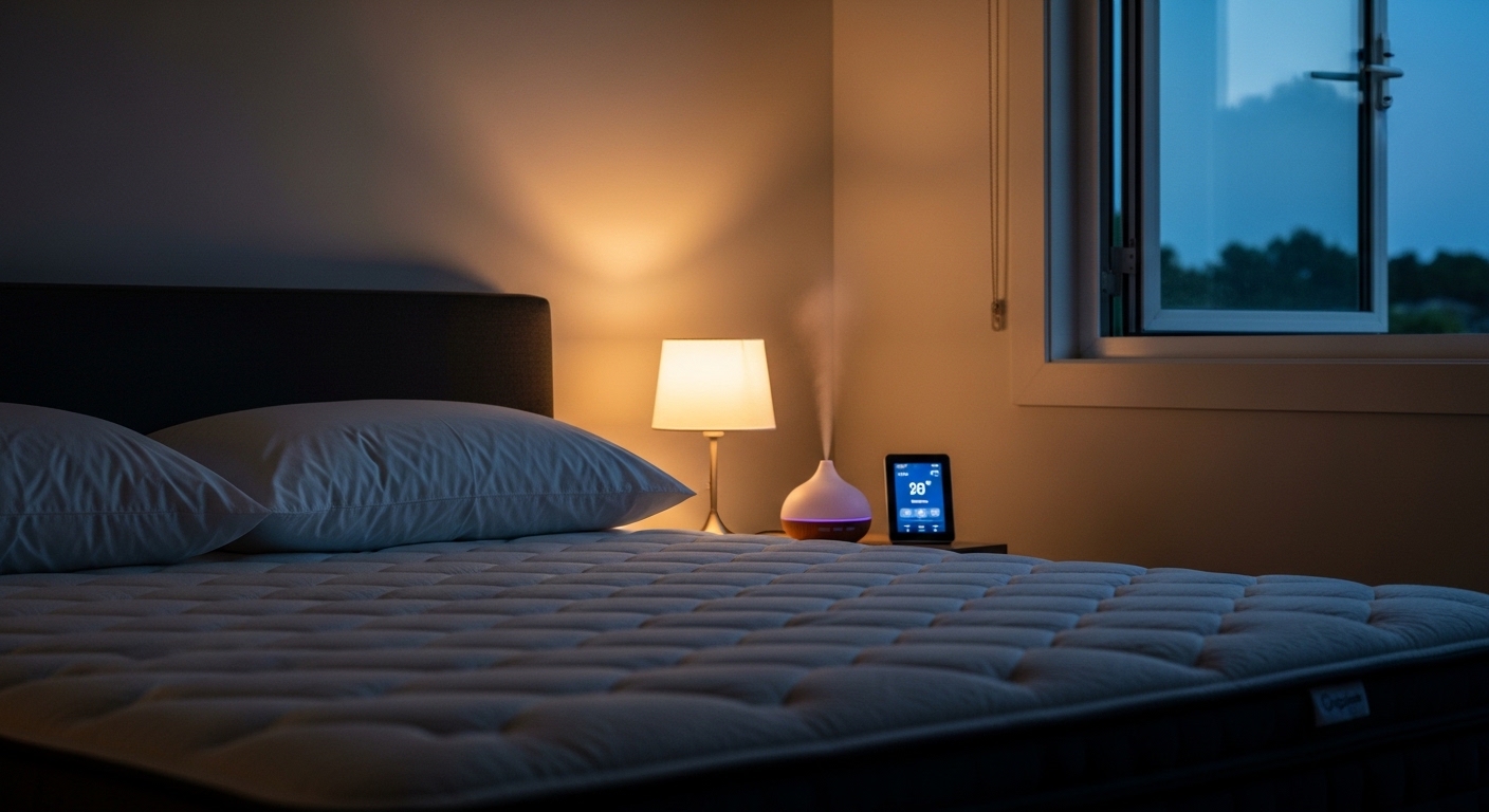 Quarto aconchegante com cama premium e iluminação suave para melhorar o sono