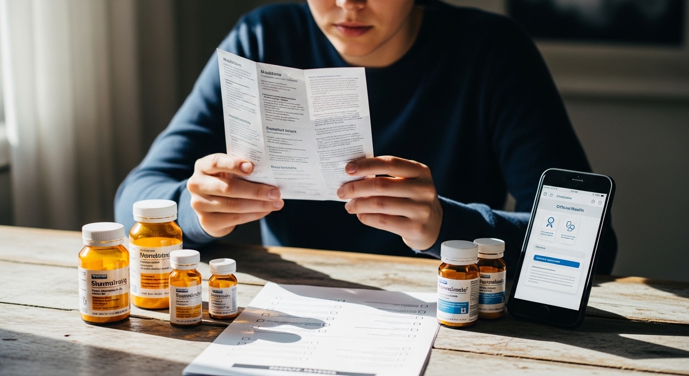 Pessoa lendo bula de remédio com smartphone e checklist em mesa iluminada