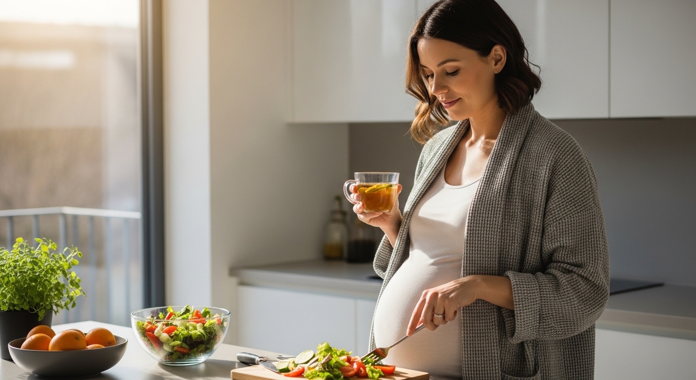 Grávida preparando salada saudável com chá de ervas em cozinha iluminada