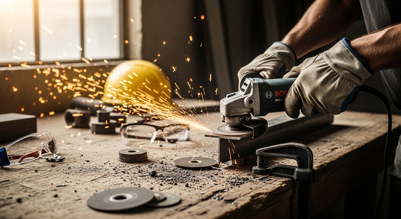 Profissional usando esmerilhadeira para acabamento em metal em oficina iluminada