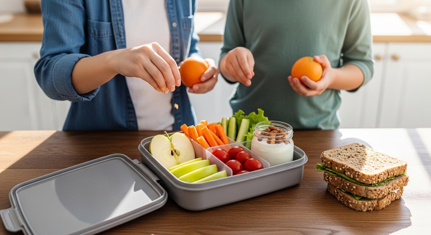 Mãe e criança preparando lancheira saudável com frutas e sanduíches