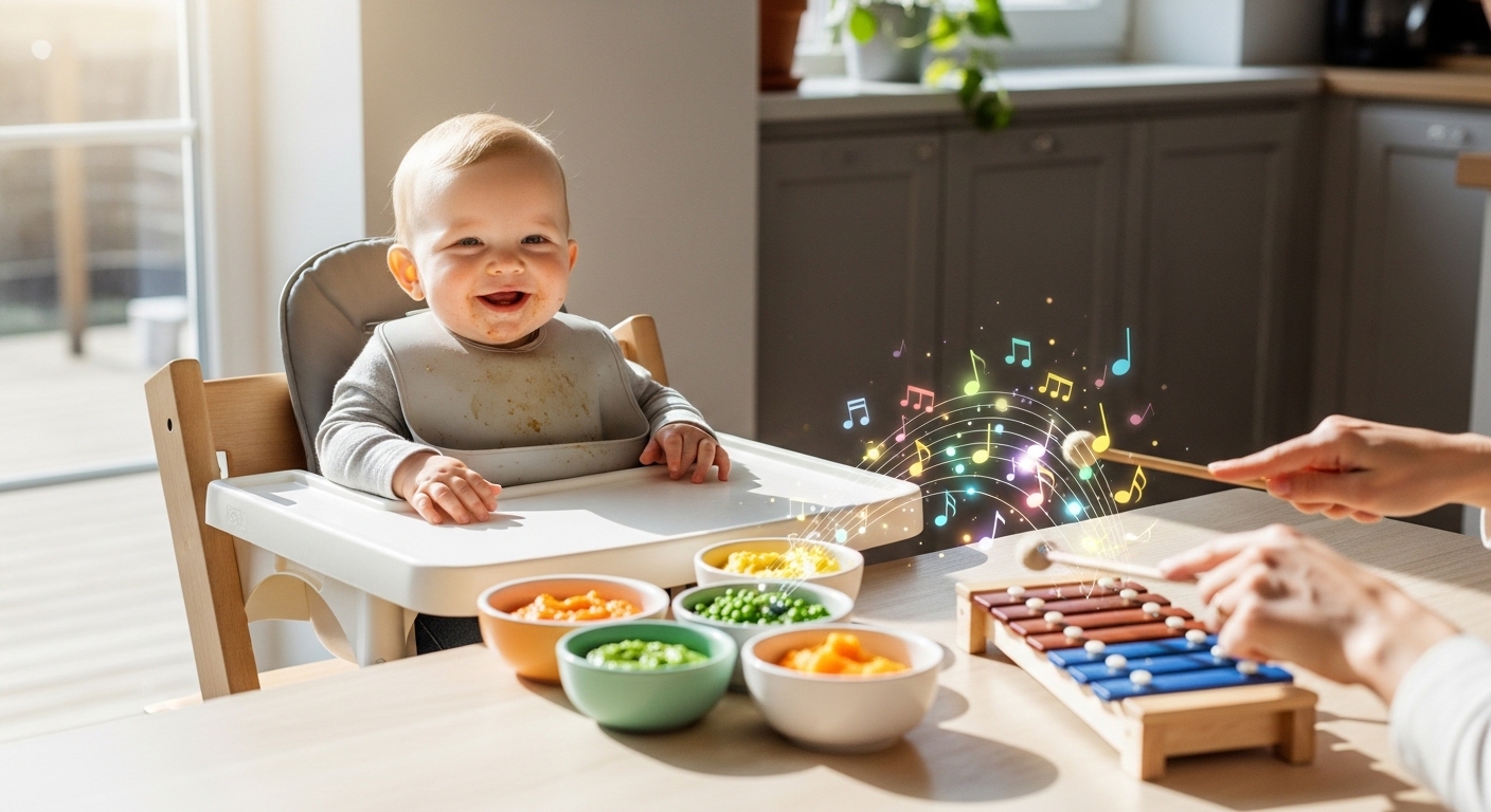 bebê em cadeira alta com música e papinhas coloridas
