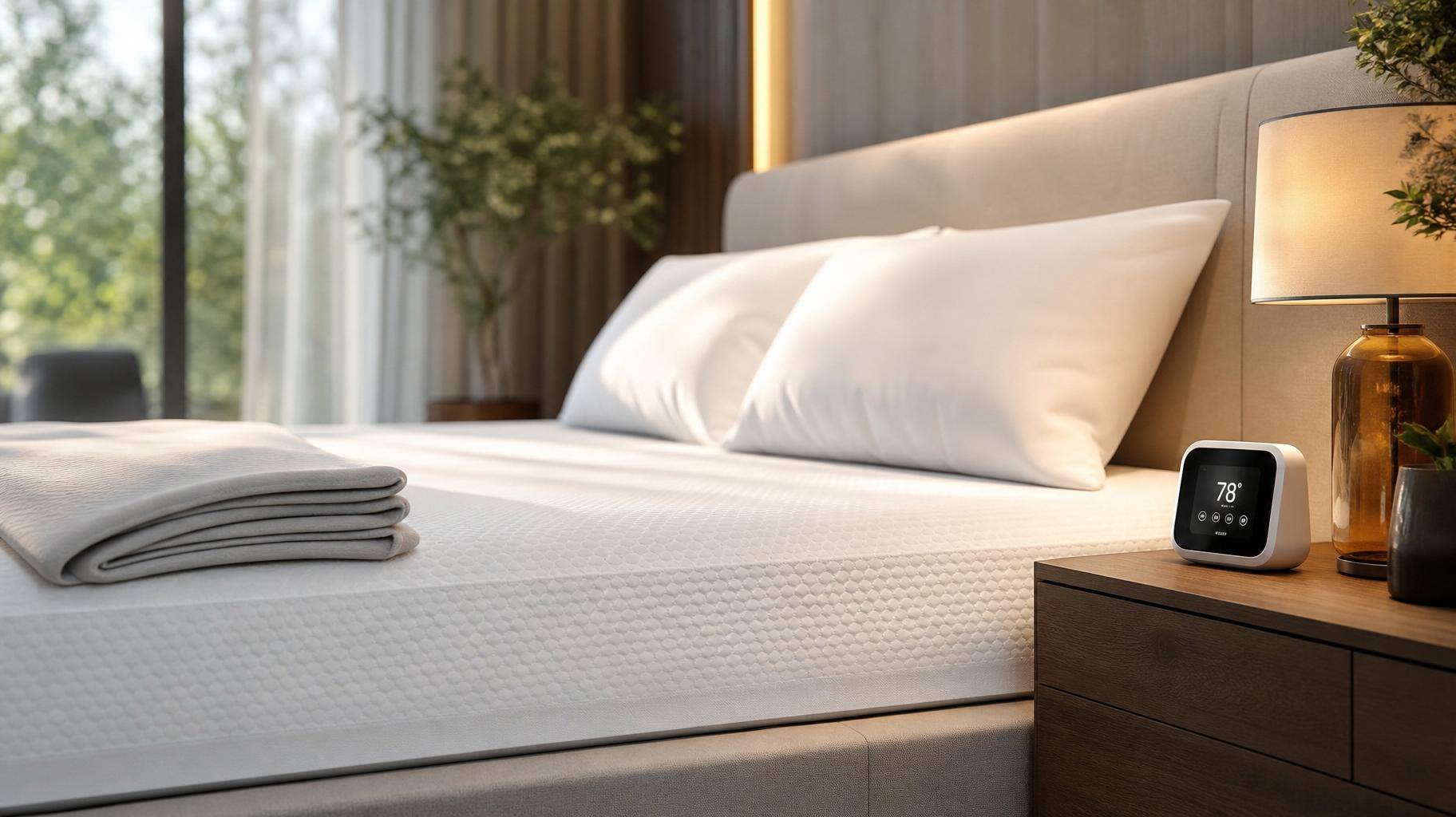 Quarto moderno com colchão premium e controle de temperatura para sono de qualidade